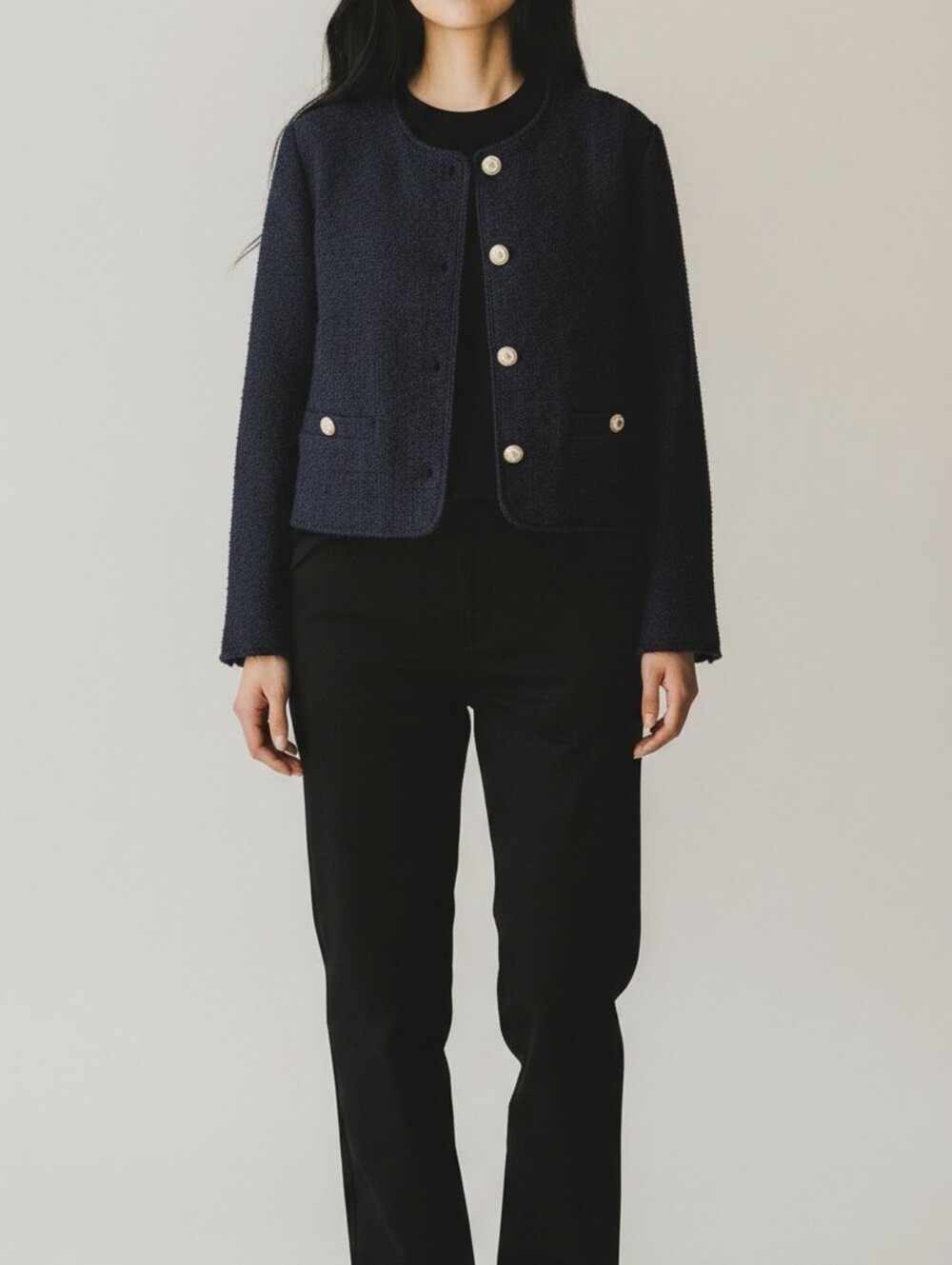 Cropped Navy Bouclé Pearl-Button Jacket - Women's